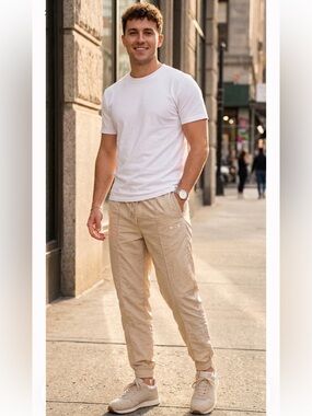 Men's Lightweight Beige Jogger Pants with Elastic Waist